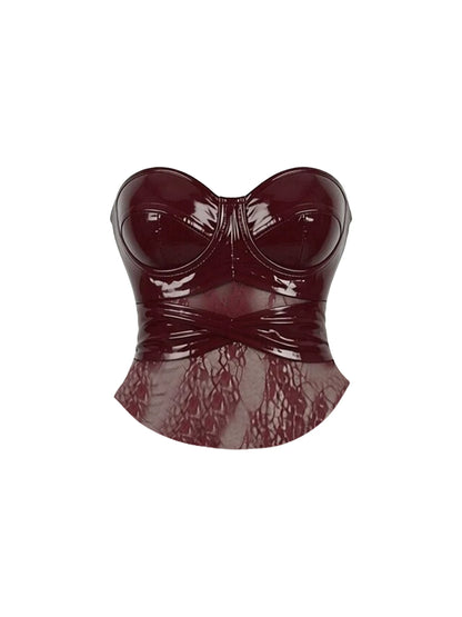 French Style Burgundy Patent Leather Bodycon Two-Piece Mini Skirt Chic Strapless Heart Bust Lace Mesh Trim Knot-Front Slit Short Dress AP5708