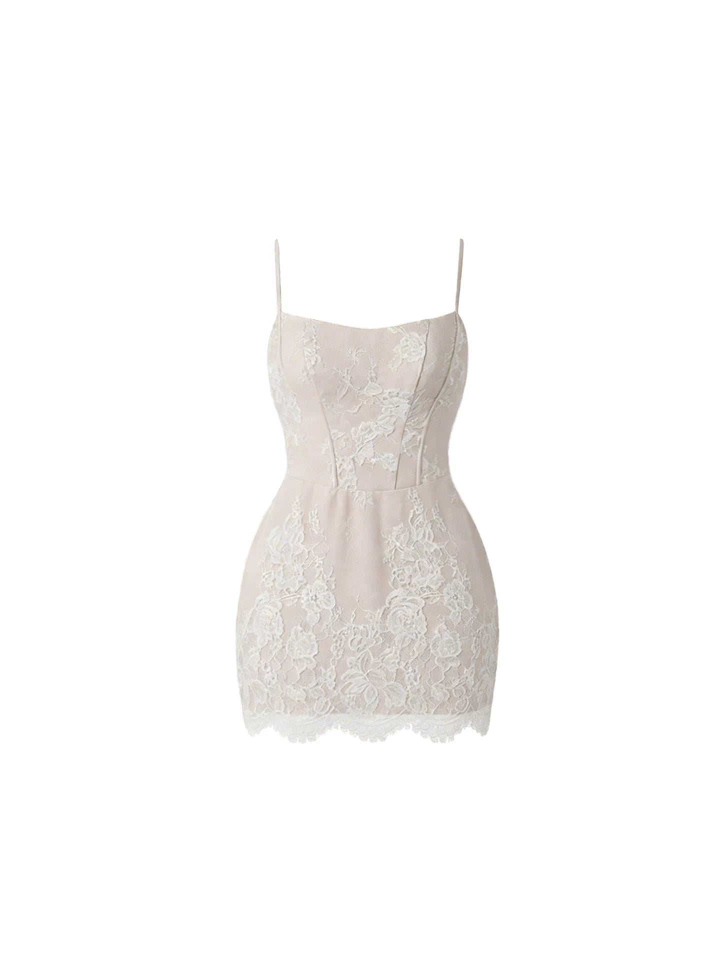 Minimalist Pale Nude Bodycon Square Neck Mini Skirt Elegant Intricate Floral Lace Fitted Spaghetti Strap Short Dress AP5709