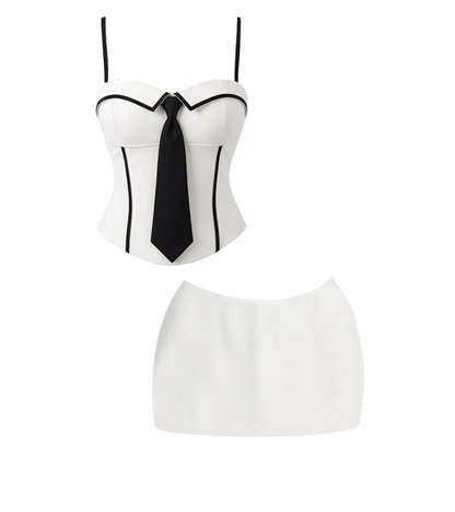Simple White & Black Spaghetti Strap Two-Piece Bodycon Mini Skirt Chic Heart Bust Black Tie Corset Top Fitted Short Dress AP5710