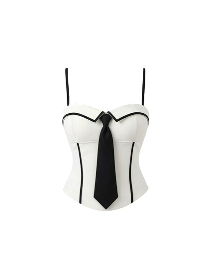 Simple White & Black Spaghetti Strap Two-Piece Bodycon Mini Skirt Chic Heart Bust Black Tie Corset Top Fitted Short Dress AP5710