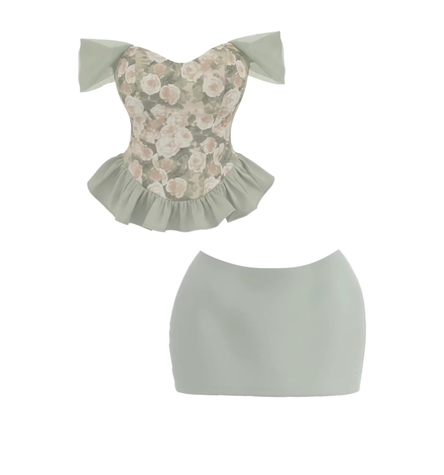 Charming Floral Print Corset Top Chiffon Off-Shoulder Mini Skirt Vibrant Mint Green Two-Piece Heart Bust Ruffled Hem Short Dress AP5711