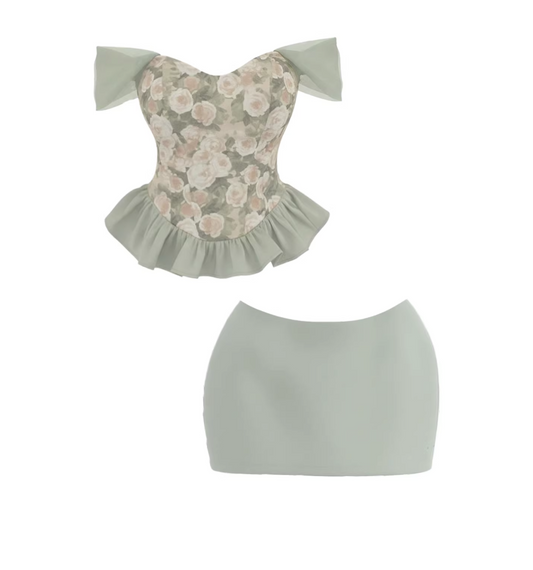 Charming Floral Print Corset Top Chiffon Off-Shoulder Mini Skirt Vibrant Mint Green Two-Piece Heart Bust Ruffled Hem Short Dress AP5711