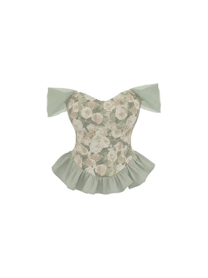 Charming Floral Print Corset Top Chiffon Off-Shoulder Mini Skirt Vibrant Mint Green Two-Piece Heart Bust Ruffled Hem Short Dress AP5711