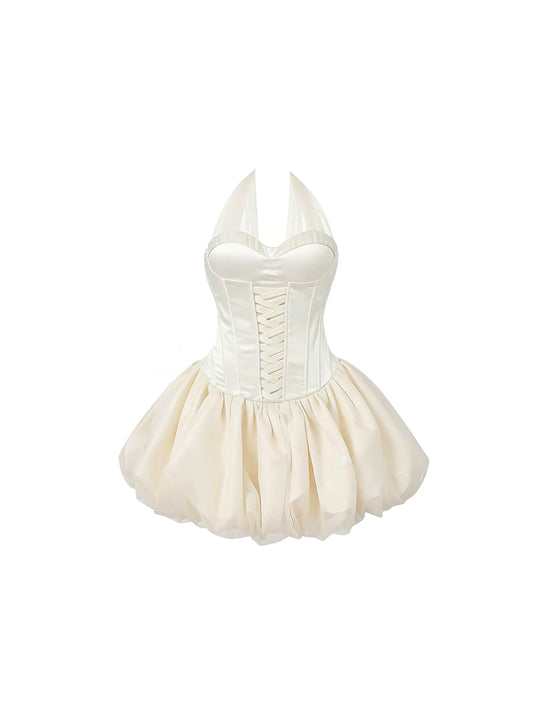 Dopamine Style Heart Bust Satin Bodice Lace-Up Back A-Line Mini Skirt Elegant White Halter Neck Corset Fluffy Tulle Short Dress AP5712