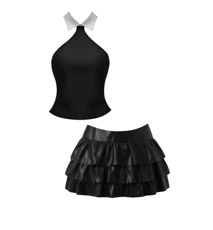 Flowy Black & White Halter Two-Piece A-Line Mini Skirt Y2K White Collar Accent Top Black Faux Leather Tiered Ruffled Short Dress AP5713