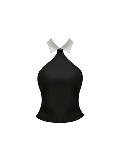 Flowy Black & White Halter Two-Piece A-Line Mini Skirt Y2K White Collar Accent Top Black Faux Leather Tiered Ruffled Short Dress AP5713