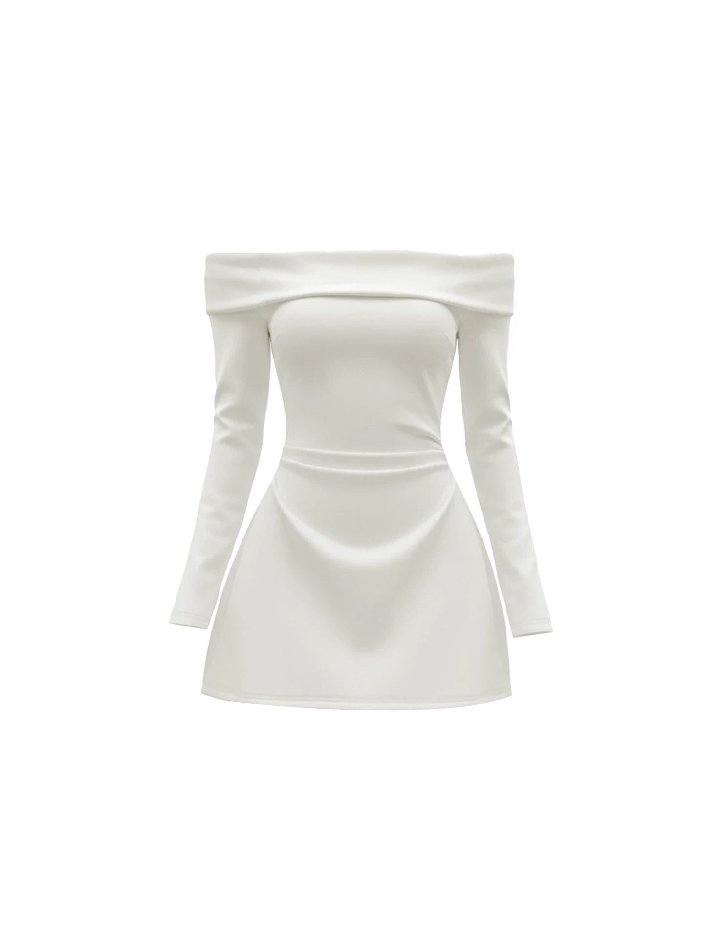 Adorable Ruched Waist Fitted Mini Skirt Simple White Off-Shoulder Long Sleeve A-Line Short Dress AP5714