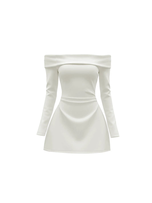 Adorable Ruched Waist Fitted Mini Skirt Simple White Off-Shoulder Long Sleeve A-Line Short Dress AP5714