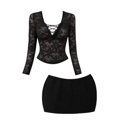 Playful Chest Lace-Up Long Sleeve V-Neck Mini Skirt Sexy Black Sheer Lace Top Two-Piece Fitted Bodycon Short Dress AP5715