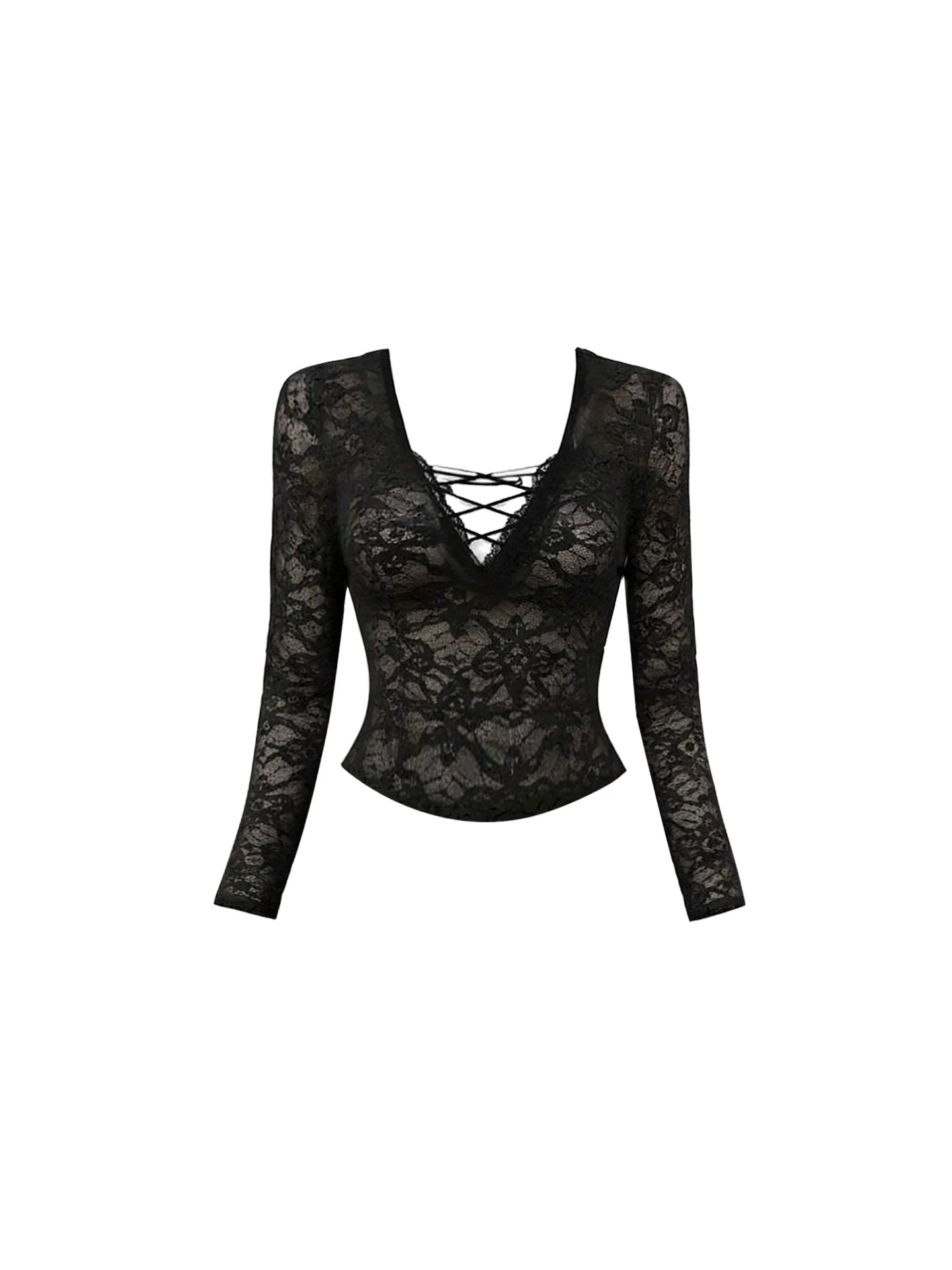 Playful Chest Lace-Up Long Sleeve V-Neck Mini Skirt Sexy Black Sheer Lace Top Two-Piece Fitted Bodycon Short Dress AP5715