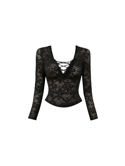Playful Chest Lace-Up Long Sleeve V-Neck Mini Skirt Sexy Black Sheer Lace Top Two-Piece Fitted Bodycon Short Dress AP5715