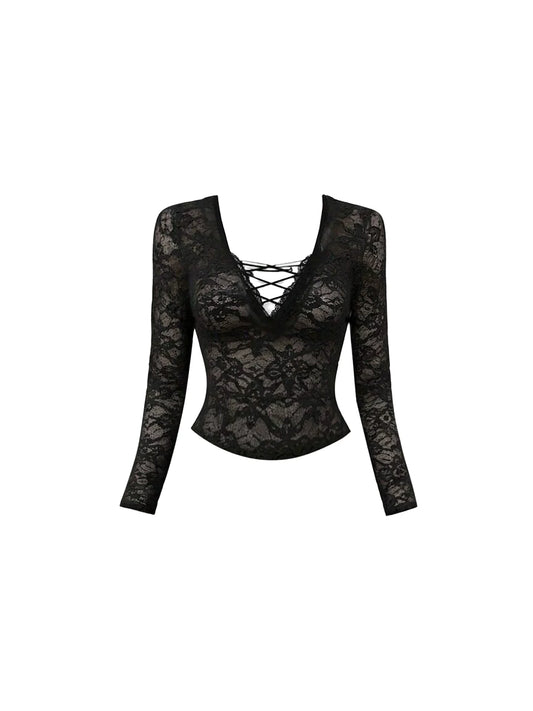 Playful Chest Lace-Up Long Sleeve V-Neck Mini Skirt Sexy Black Sheer Lace Top Two-Piece Fitted Bodycon Short Dress AP5715