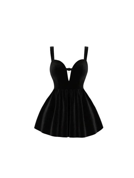 Stylish Black Velvet Spaghetti Strap A-Line Mini Skirt Vogue Heart Bust Cut-Out Chest Bow Accent Flared Short Dress AP5716