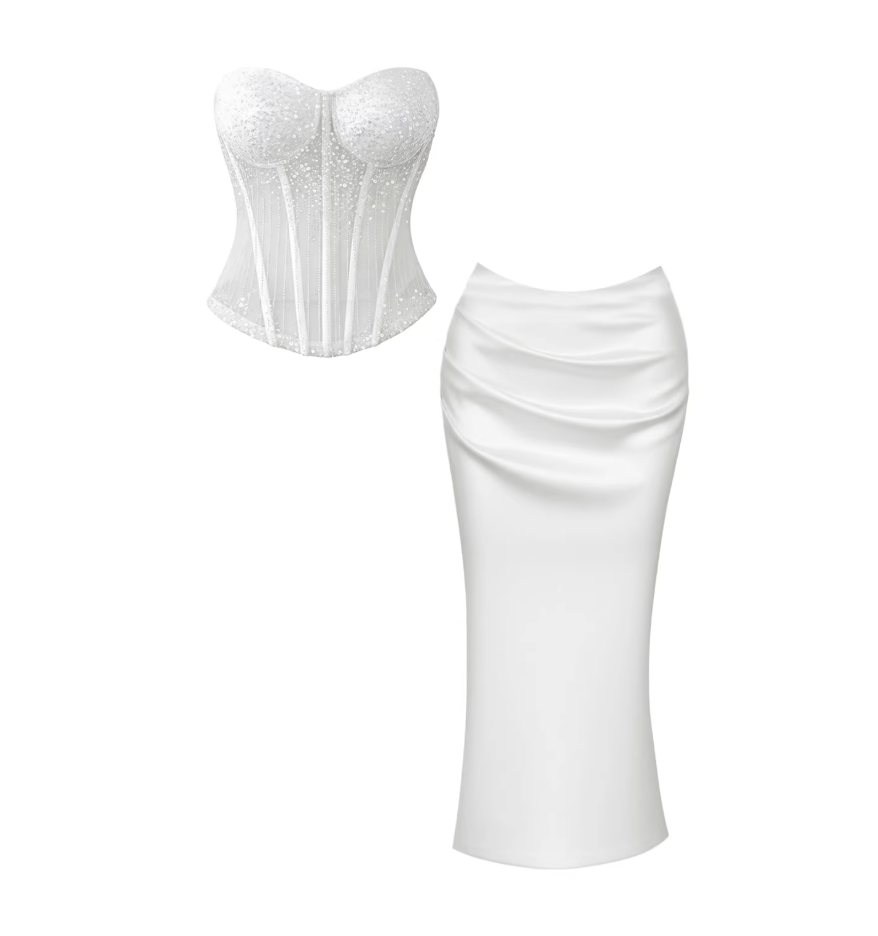 Flattering Strapless Intricate Beaded Corset Top Sheath Maxi Dresses Ethereal White Two-Piece & Satin Ruched Bodycon Long Dress AP5618