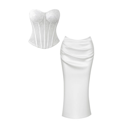 Flattering Strapless Intricate Beaded Corset Top Sheath Maxi Dresses Ethereal White Two-Piece & Satin Ruched Bodycon Long Dress AP5618