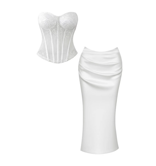 Flattering Strapless Intricate Beaded Corset Top Sheath Maxi Dresses Ethereal White Two-Piece & Satin Ruched Bodycon Long Dress AP5618