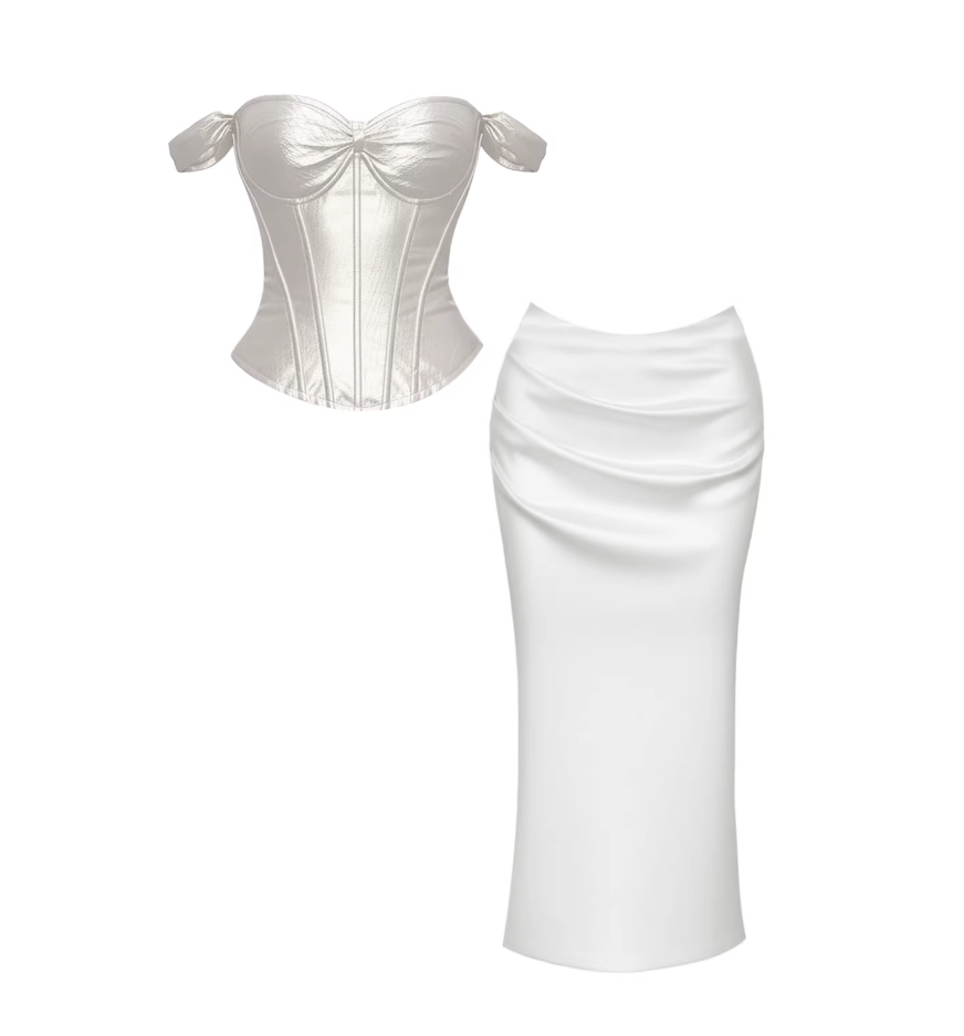 Trendy Off-Shoulder Metallic Corset Two-Piece Sheath Maxi Dresses Elegant Heart Bust Bow Accent White Satin Ruched Long Dress AP5719