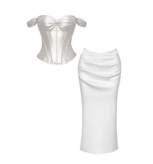 Trendy Off-Shoulder Metallic Corset Two-Piece Sheath Maxi Dresses Elegant Heart Bust Bow Accent White Satin Ruched Long Dress AP5719