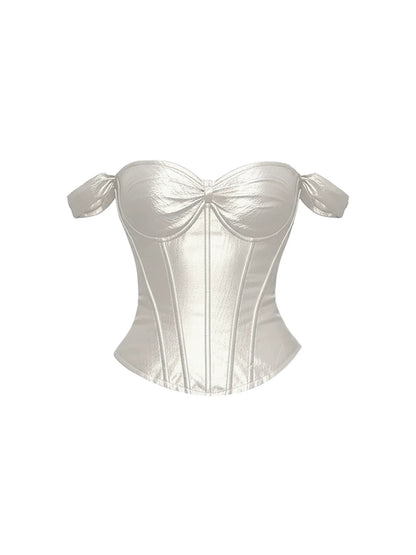 Trendy Off-Shoulder Metallic Corset Two-Piece Sheath Maxi Dresses Elegant Heart Bust Bow Accent White Satin Ruched Long Dress AP5719