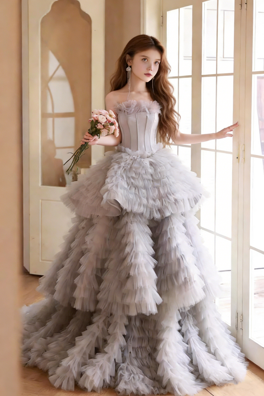 Attractive Strapless A-Line Tiered Sweet 16th Gowns Ruffles Tulle Prom Dress AP5720