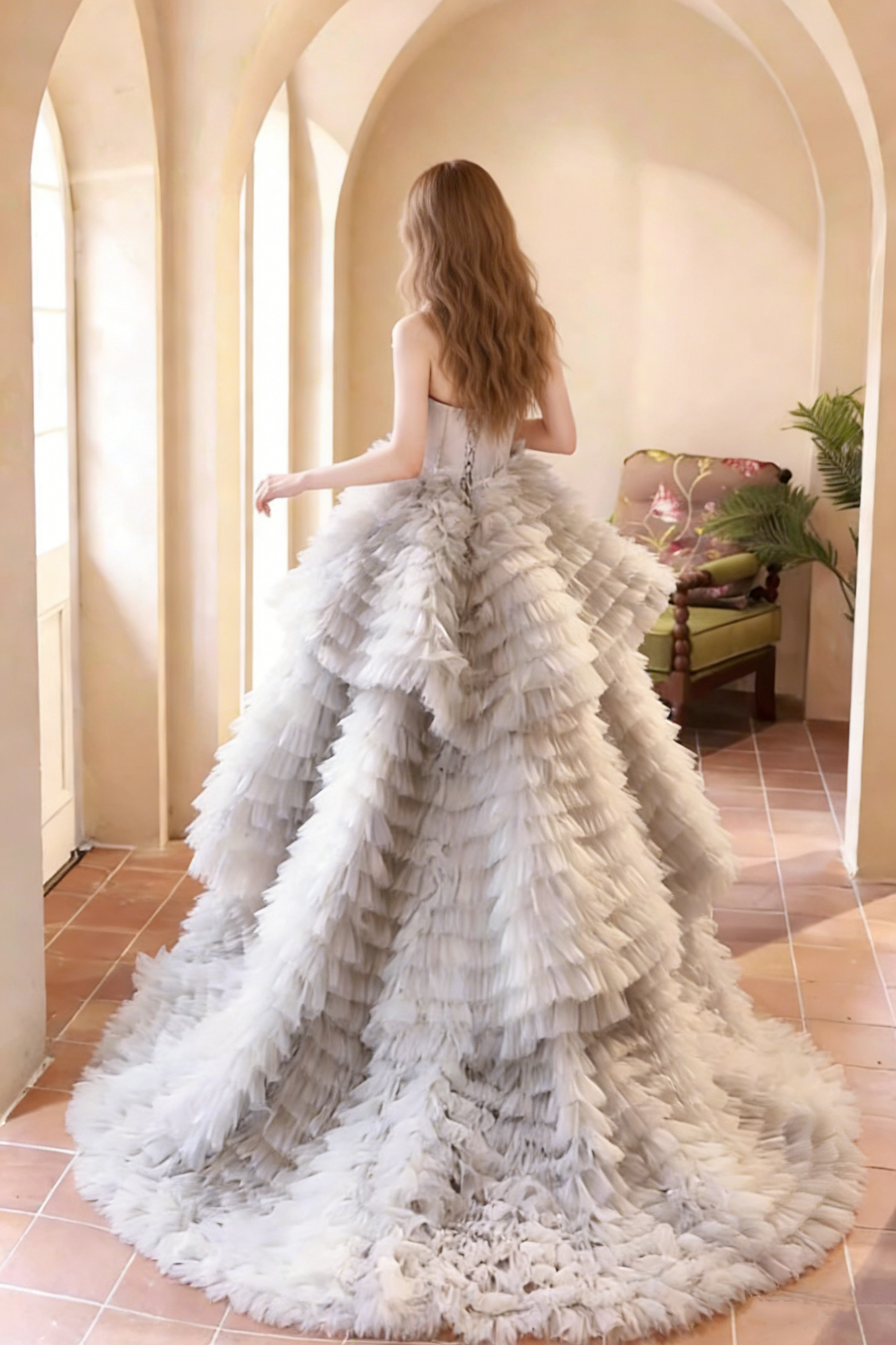 Attractive Strapless A-Line Tiered Sweet 16th Gowns Ruffles Tulle Prom Dress AP5720