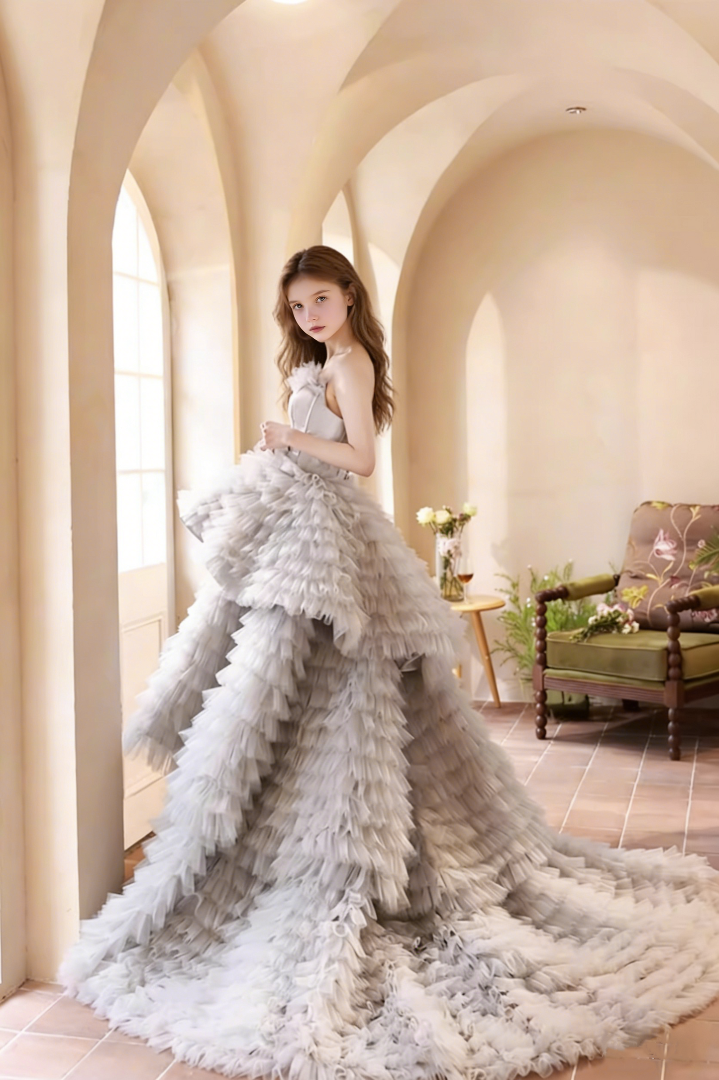 Attractive Strapless A-Line Tiered Sweet 16th Gowns Ruffles Tulle Prom Dress AP5720