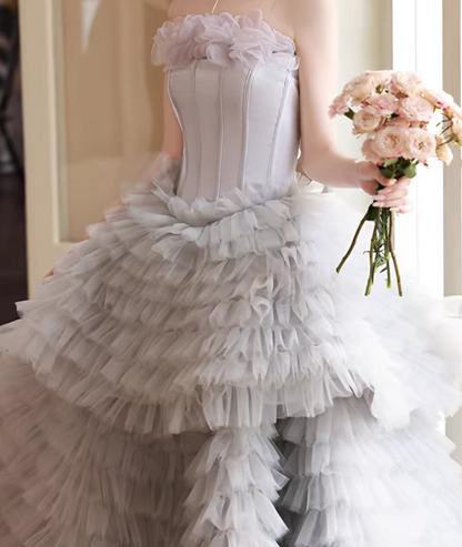 Attractive Strapless A-Line Tiered Sweet 16th Gowns Ruffles Tulle Prom Dress AP5720