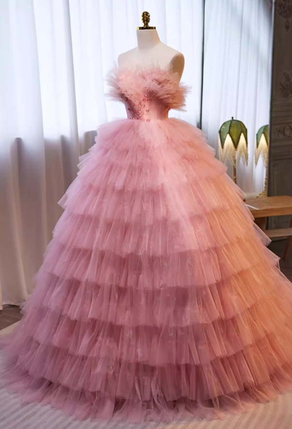 Dramatic Strapless A-Line Pink Sweet 16th Gowns Tiered Tulle Appliques Beads Prom Dress AP5721