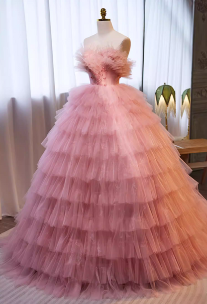 Dramatic Strapless A-Line Pink Sweet 16th Gowns Tiered Tulle Appliques Beads Prom Dress AP5721