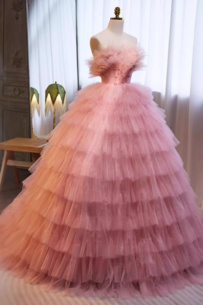 Dramatic Strapless A-Line Pink Sweet 16th Gowns Tiered Tulle Appliques Beads Prom Dress AP5721