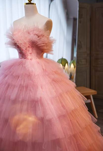 Dramatic Strapless A-Line Pink Sweet 16th Gowns Tiered Tulle Appliques Beads Prom Dress AP5721