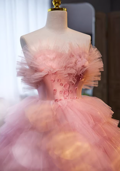 Dramatic Strapless A-Line Pink Sweet 16th Gowns Tiered Tulle Appliques Beads Prom Dress AP5721