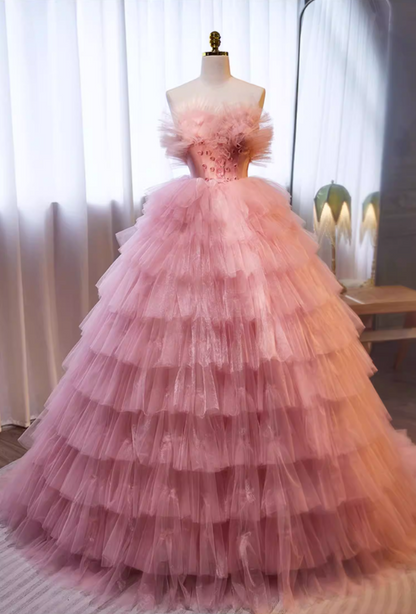 Dramatic Strapless A-Line Pink Sweet 16th Gowns Tiered Tulle Appliques Beads Prom Dress AP5721