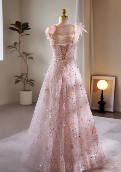 Sparkly A-Line Spaghetti Strap Pink Tulle Floral Evening Gowns Sequins Appliques Prom Dress AP5722
