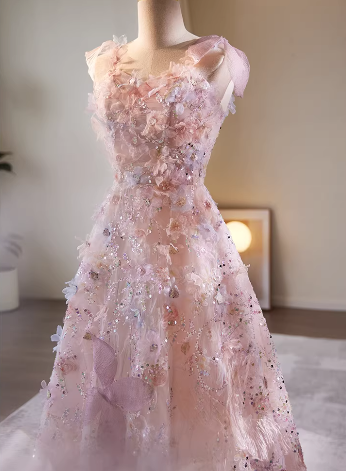 Sparkly A-Line Spaghetti Strap Pink Tulle Floral Evening Gowns Sequins Appliques Prom Dress AP5722