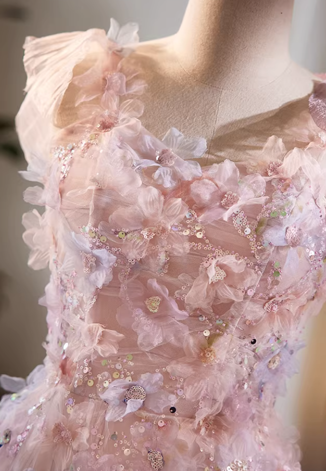 Sparkly A-Line Spaghetti Strap Pink Tulle Floral Evening Gowns Sequins Appliques Prom Dress AP5722
