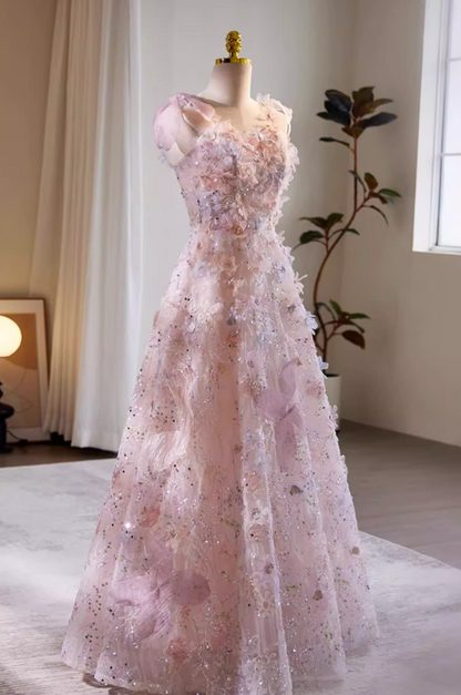 Sparkly A-Line Spaghetti Strap Pink Tulle Floral Evening Gowns Sequins Appliques Prom Dress AP5722
