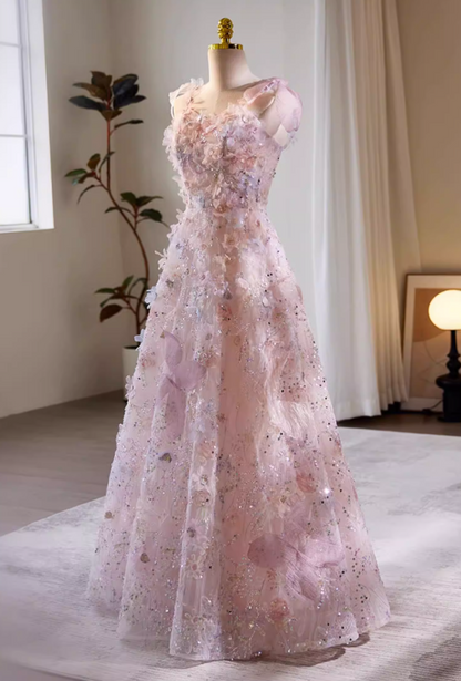 Sparkly A-Line Spaghetti Strap Pink Tulle Floral Evening Gowns Sequins Appliques Prom Dress AP5722