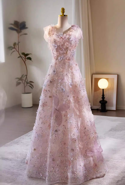 Sparkly A-Line Spaghetti Strap Pink Tulle Floral Evening Gowns Sequins Appliques Prom Dress AP5722