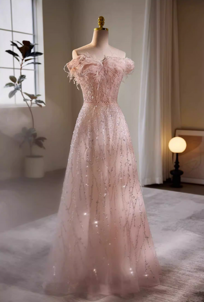 Bling A-Line Off-Shoulder Pink Evening Gowns Sequins Beading Prom Dress AP5723