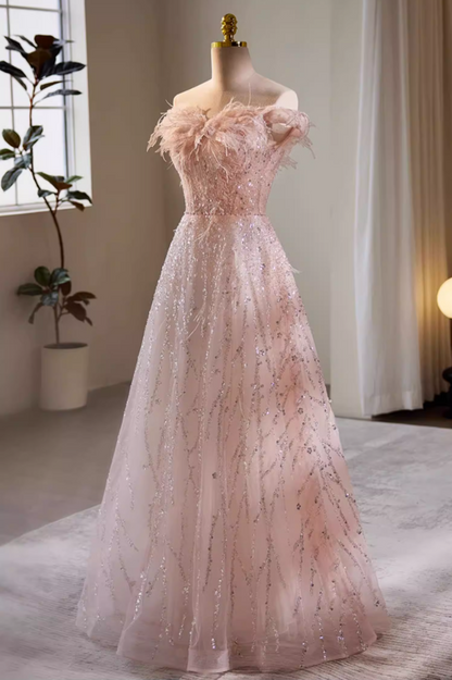 Bling A-Line Off-Shoulder Pink Evening Gowns Sequins Beading Prom Dress AP5723