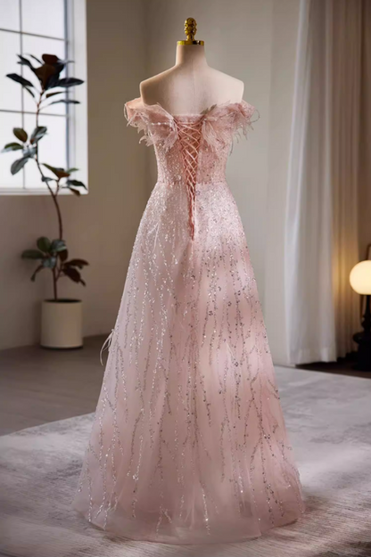 Bling A-Line Off-Shoulder Pink Evening Gowns Sequins Beading Prom Dress AP5723