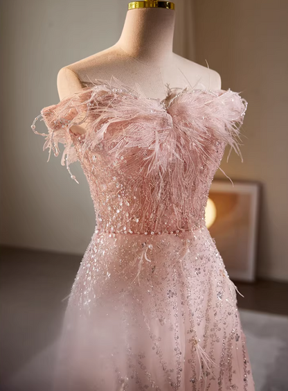 Bling A-Line Off-Shoulder Pink Evening Gowns Sequins Beading Prom Dress AP5723
