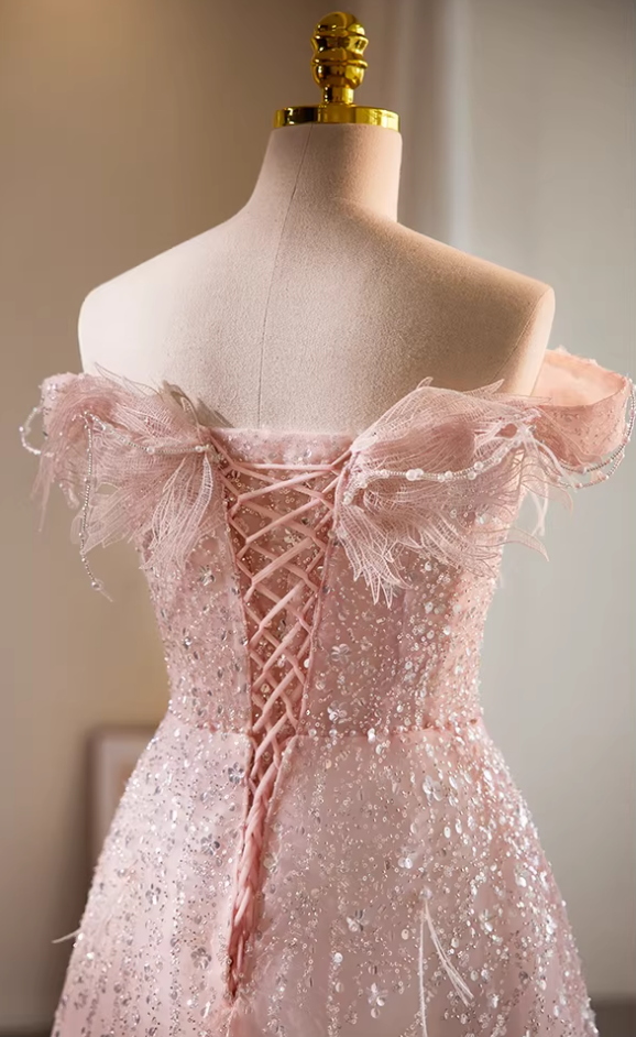 Bling A-Line Off-Shoulder Pink Evening Gowns Sequins Beading Prom Dress AP5723