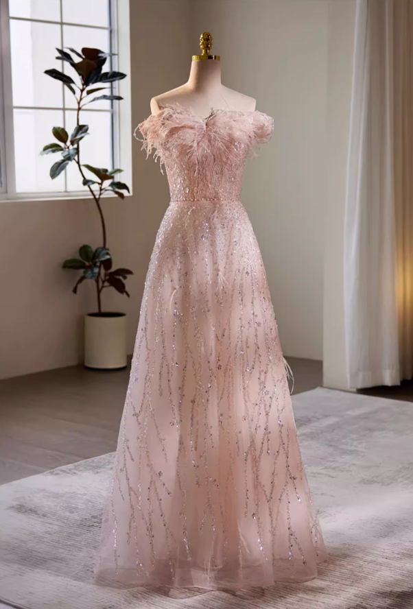 Bling A-Line Off-Shoulder Pink Evening Gowns Sequins Beading Prom Dress AP5723