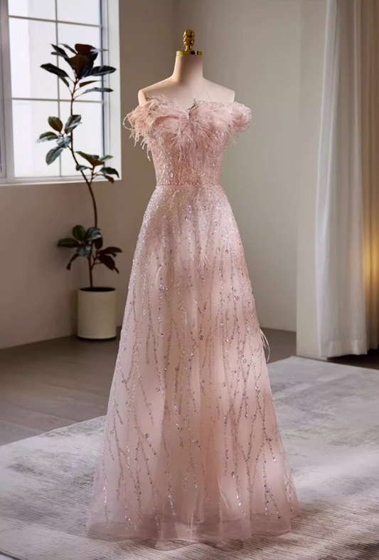 Bling A-Line Off-Shoulder Pink Evening Gowns Sequins Beading Prom Dress AP5723