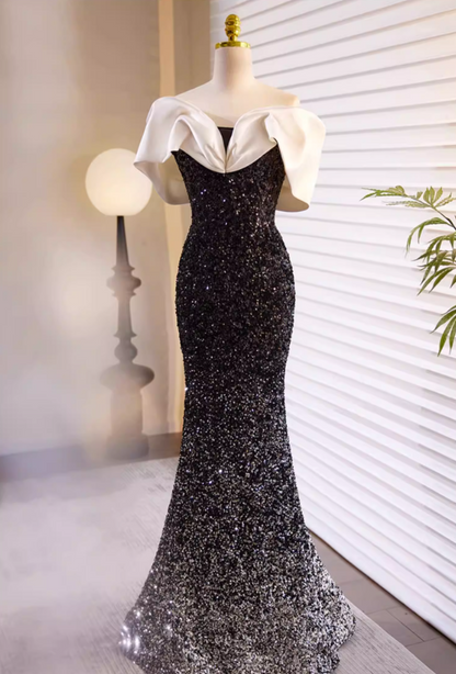 Sexy Off-Shoulder Mermaid Sweet 16th Dresses Black Sequins Prom Dress AP5724