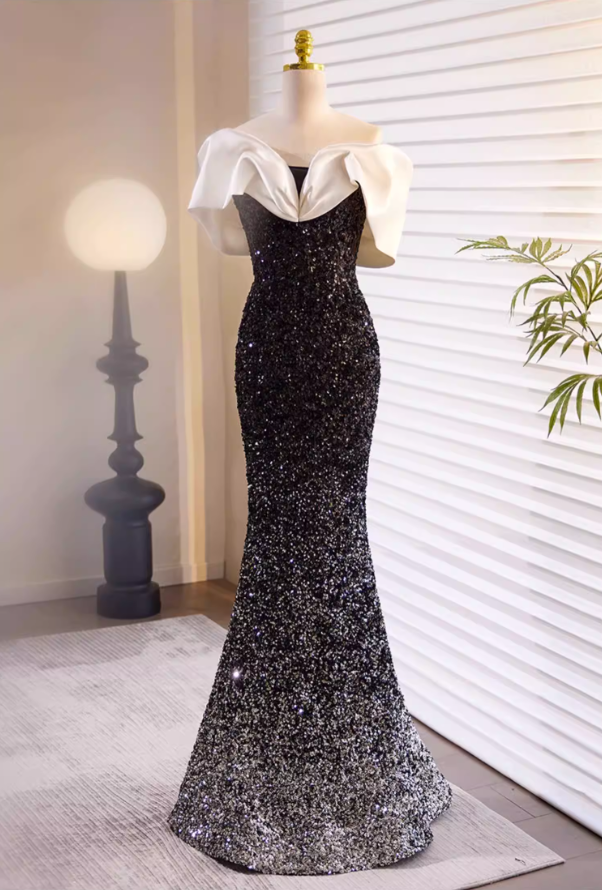 Sexy Off-Shoulder Mermaid Sweet 16th Dresses Black Sequins Prom Dress AP5724