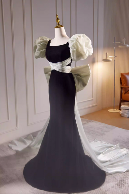 Vogue Square Neck Puff Short Sleeve Mermaid Evening Dresses Bow Train Black Velvet Prom Dress AP5725