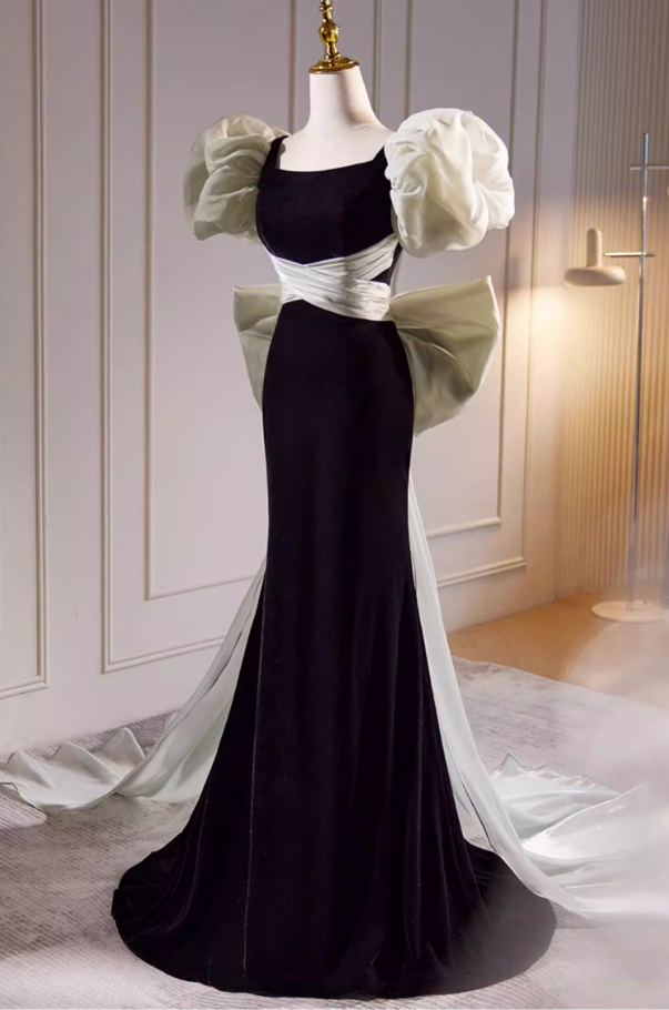 Vogue Square Neck Puff Short Sleeve Mermaid Evening Dresses Bow Train Black Velvet Prom Dress AP5725